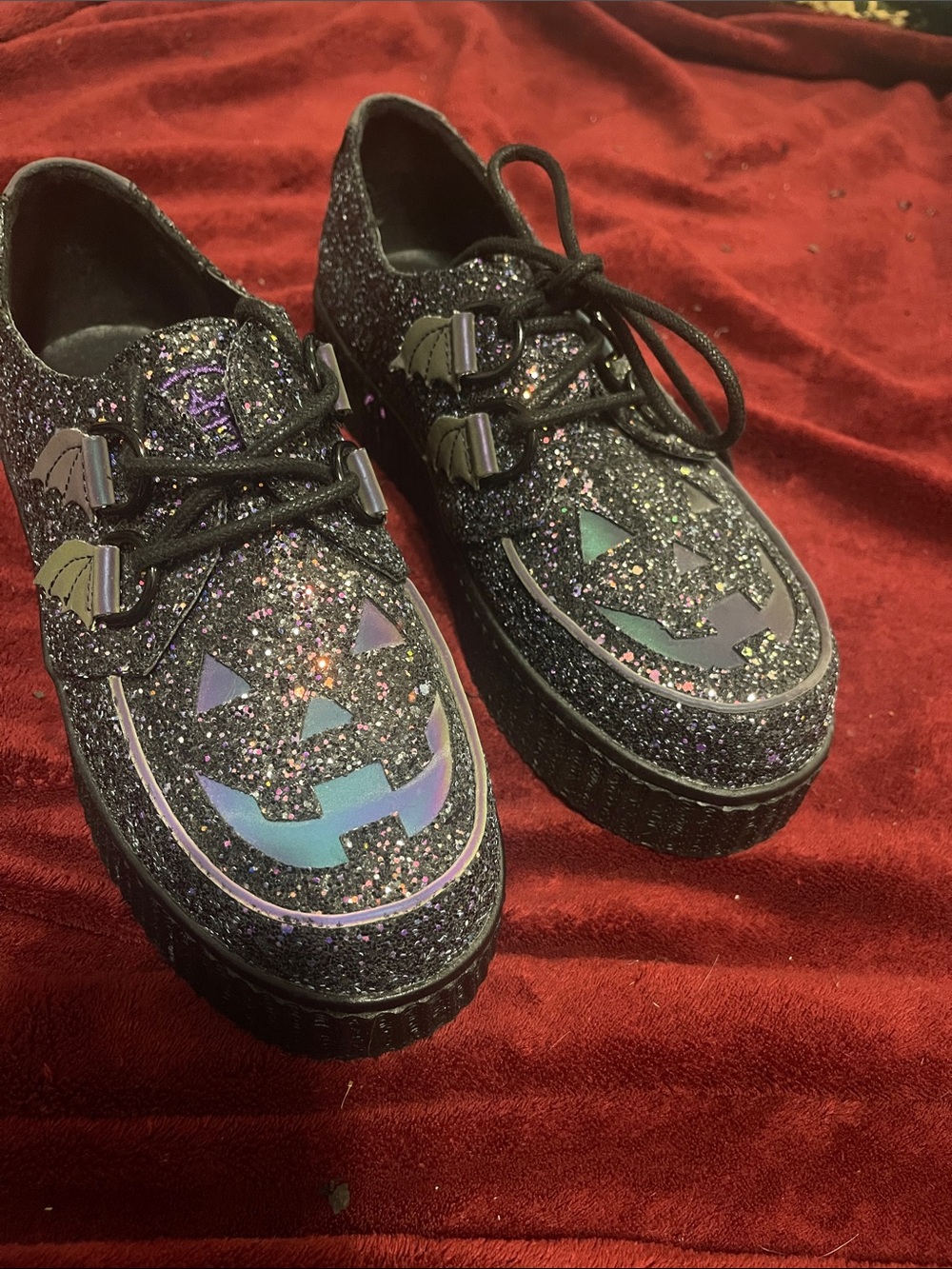 Women’s Black Glitter Pumpkin 🎃 Bat 🦇 wings Creeper Shoes